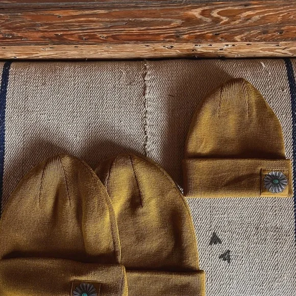 Mustard Yellow Beanie with squash blossom - Picture 2 of 2